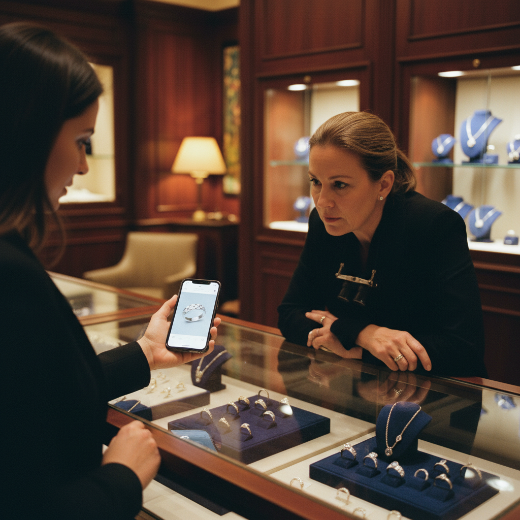 A customer showing a phone screen with a jewelry design to a jeweler behind a glass display case