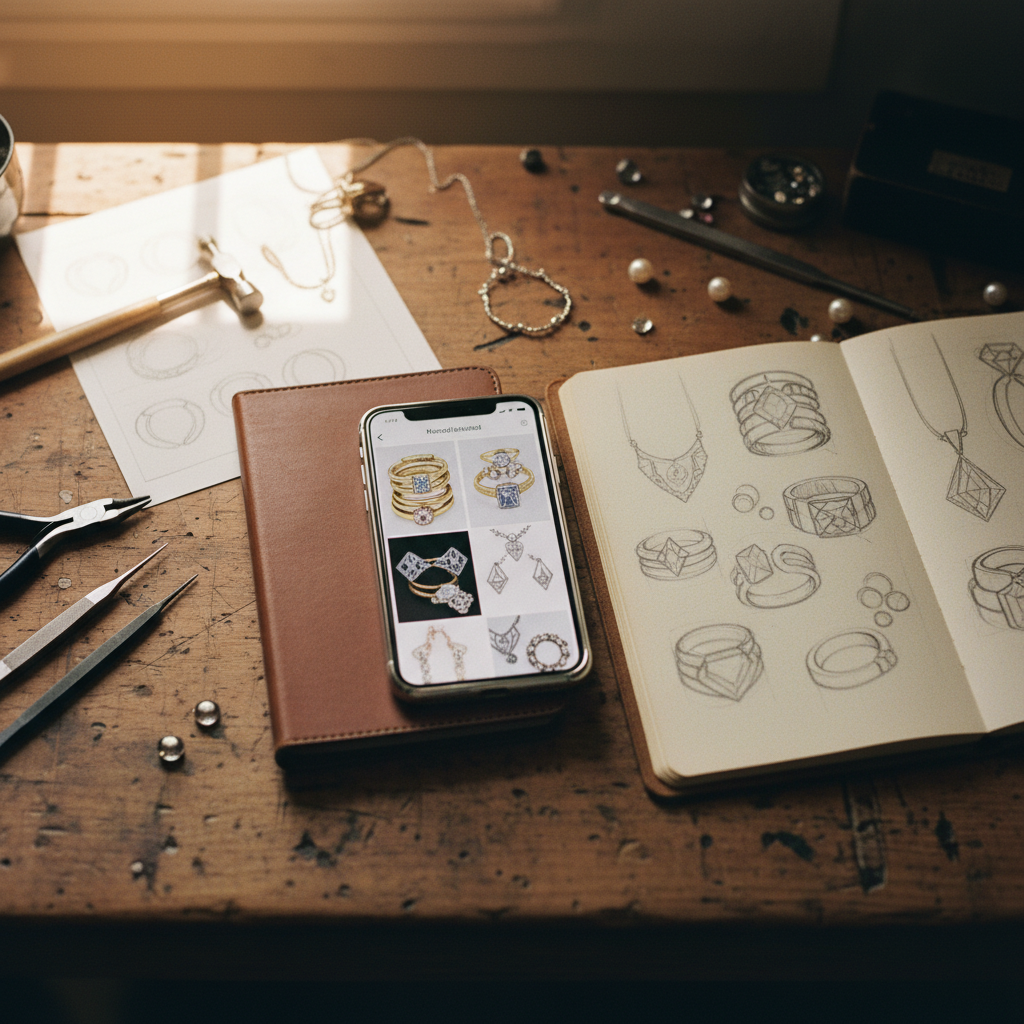 A phone displaying a Pinterest jewelry board next to a jeweler's sketchpad with pencil notes