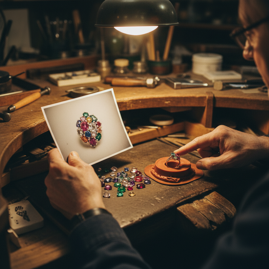 A jeweler at a workbench comparing a printed reference photo with loose gemstones and a wax mold