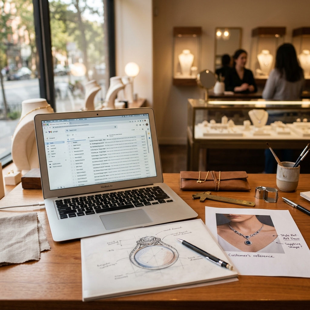 A jewelry store counter with an open laptop showing emails, a hand-drawn ring sketch, and a printed customer reference photo