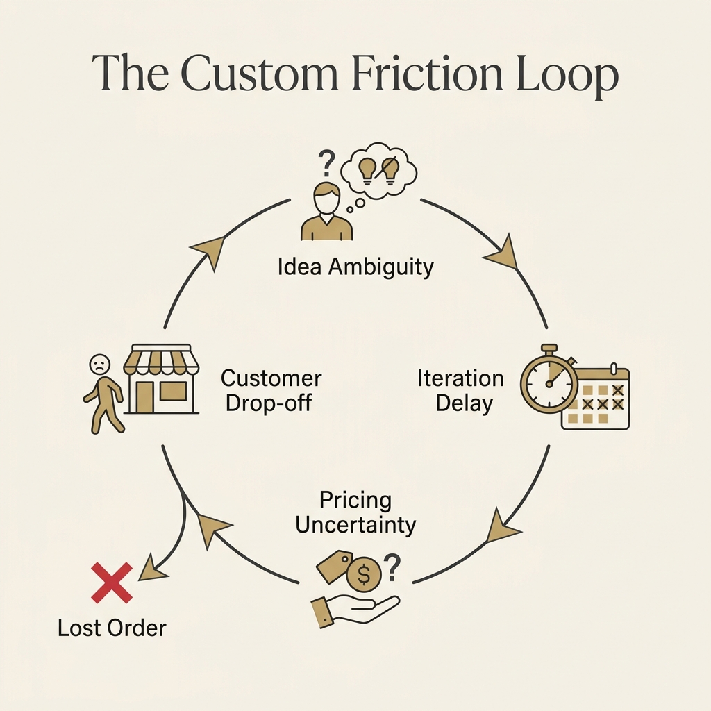 Infographic showing the custom jewelry friction loop: idea ambiguity leads to iteration delay, then pricing uncertainty, then customer drop-off and a lost order