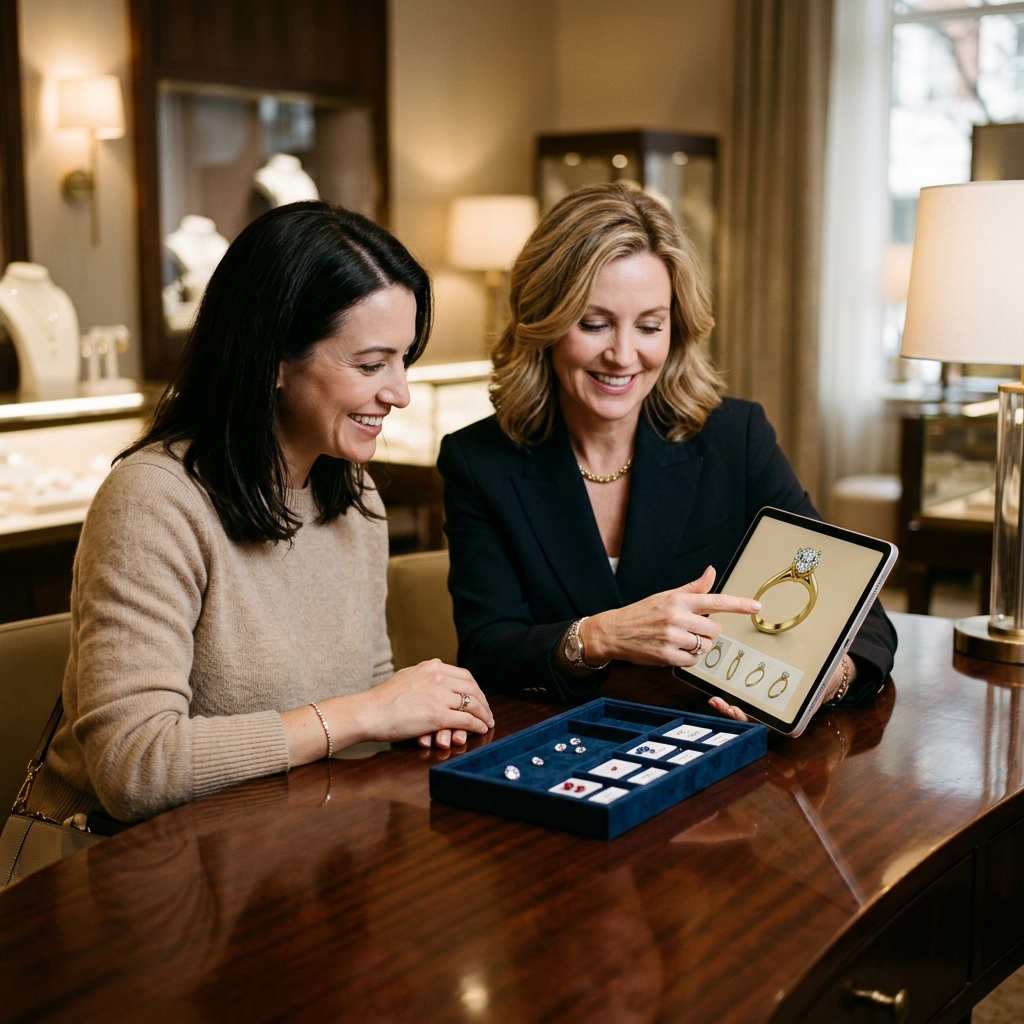 A customer and jeweler sitting together at a polished counter looking at a tablet showing a gold ring design with gemstones in a velvet tray nearby