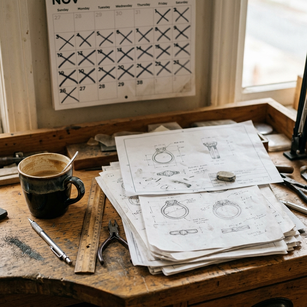 A jeweler's workbench with stacked CAD printouts and pencil sketches, a half-empty coffee cup, and a wall calendar in the background