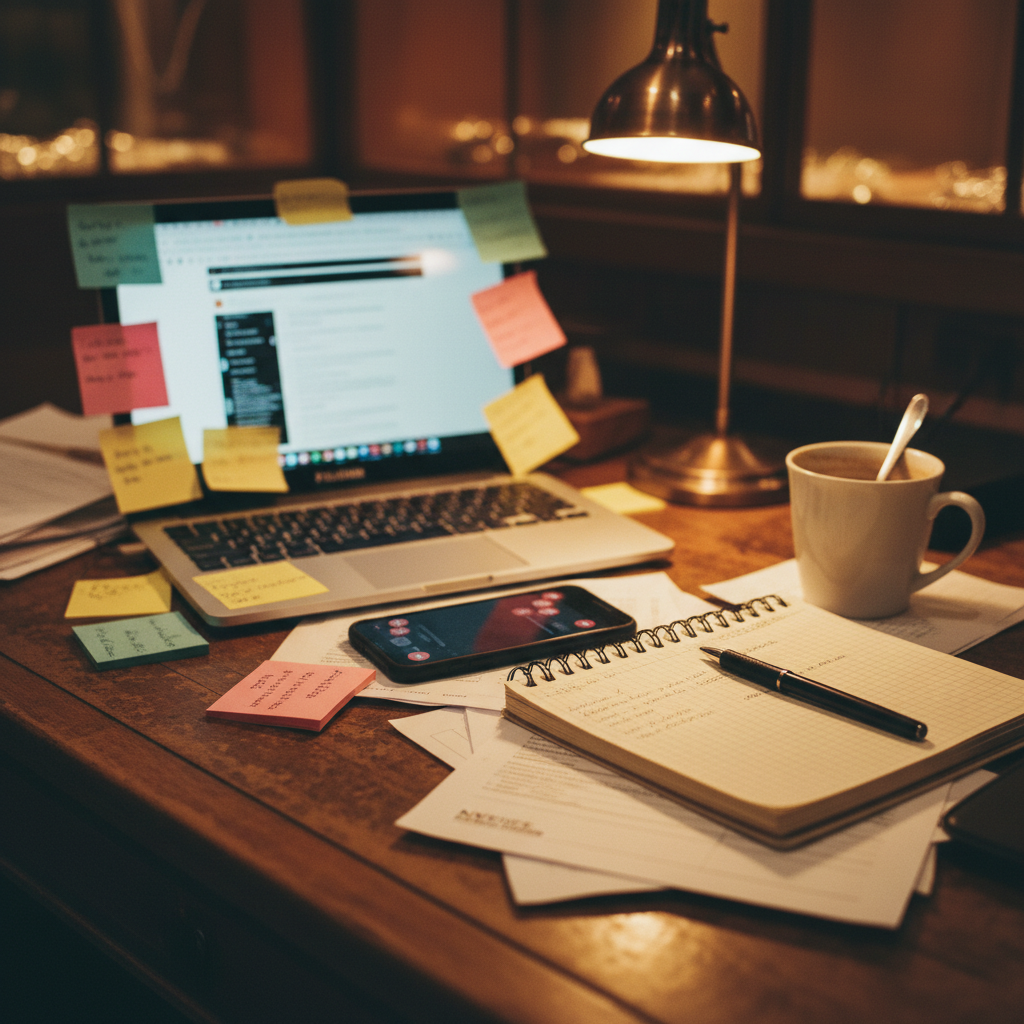A cluttered desk with multiple browser tabs open, sticky notes, and a phone with unanswered messages