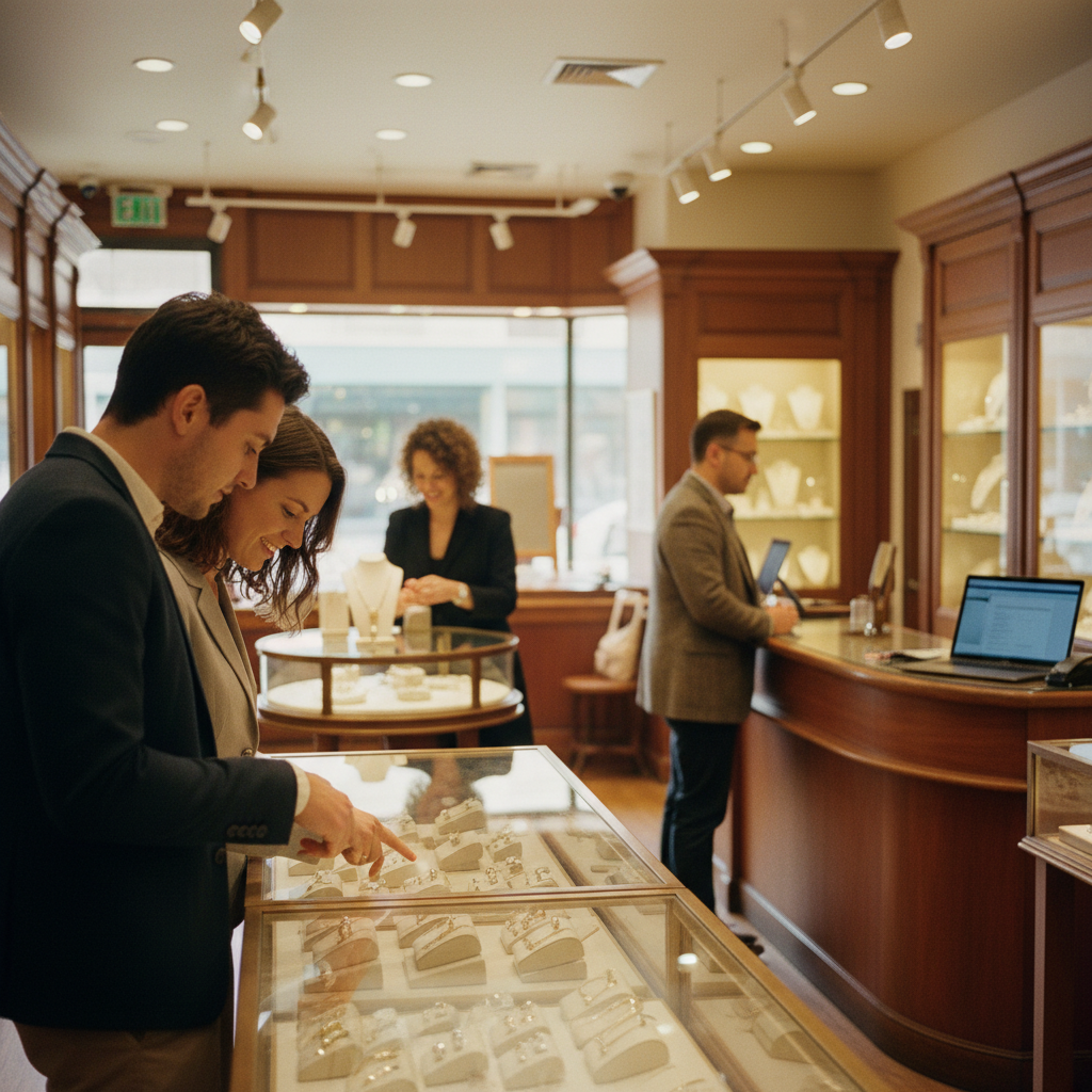 An independent jewelry store interior with display cases and a laptop showing analytics on the counter