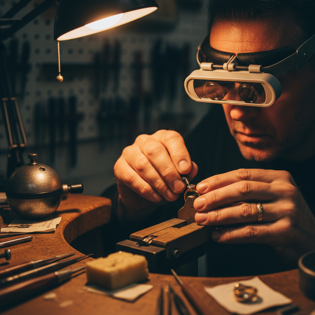 A master jeweler focused on detailed bench work setting a stone under magnification