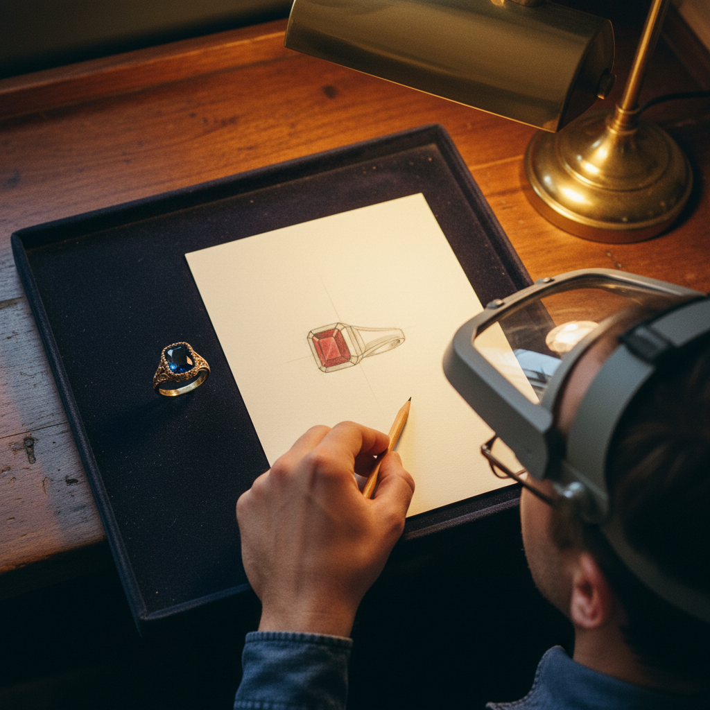 An antique sapphire ring and a modern sketch of a redesigned version side by side on a velvet pad