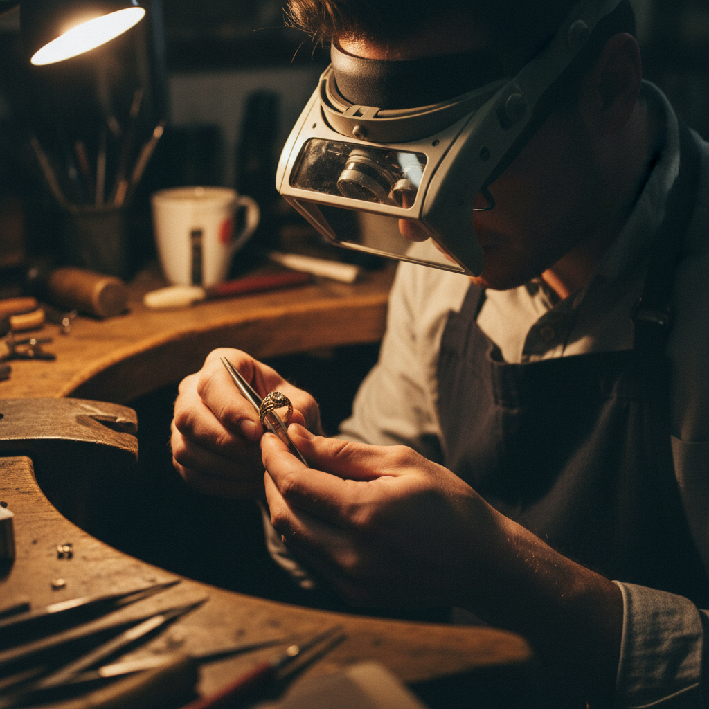 A jeweler carefully inspecting a vintage gold ring with a loupe under warm workshop lighting
