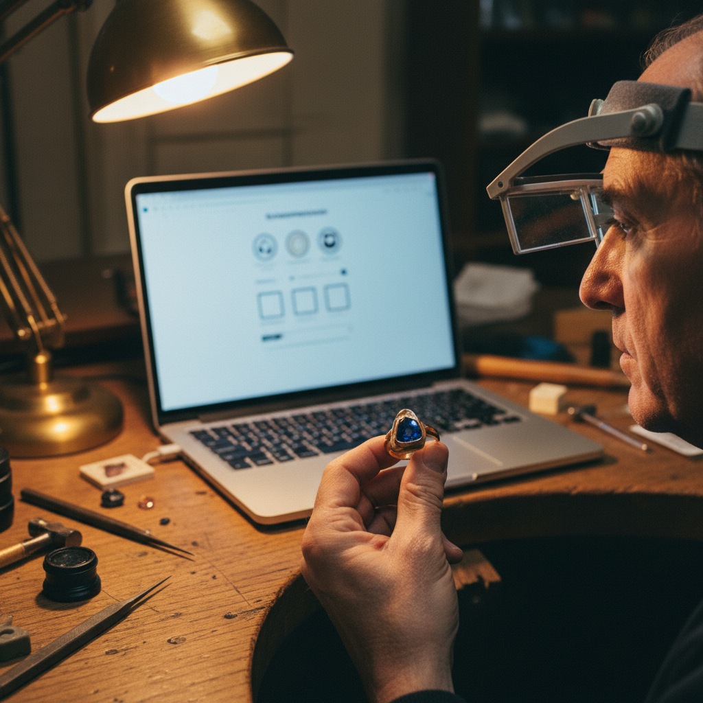 A laptop screen showing a generic ring configurator next to a jeweler's hand holding a one-of-a-kind custom ring