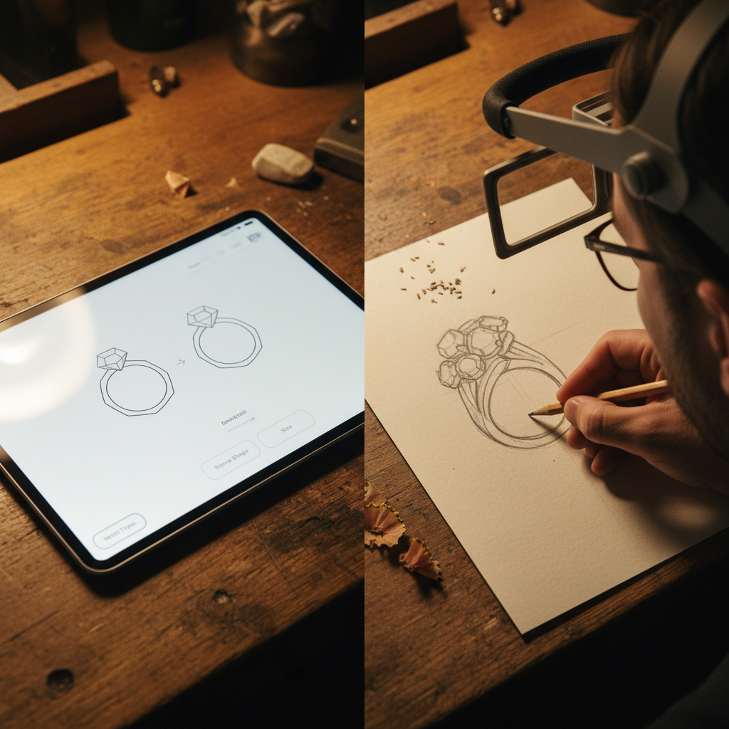 A split screen showing a generic ring configurator on one side and a unique hand-drawn custom design on the other