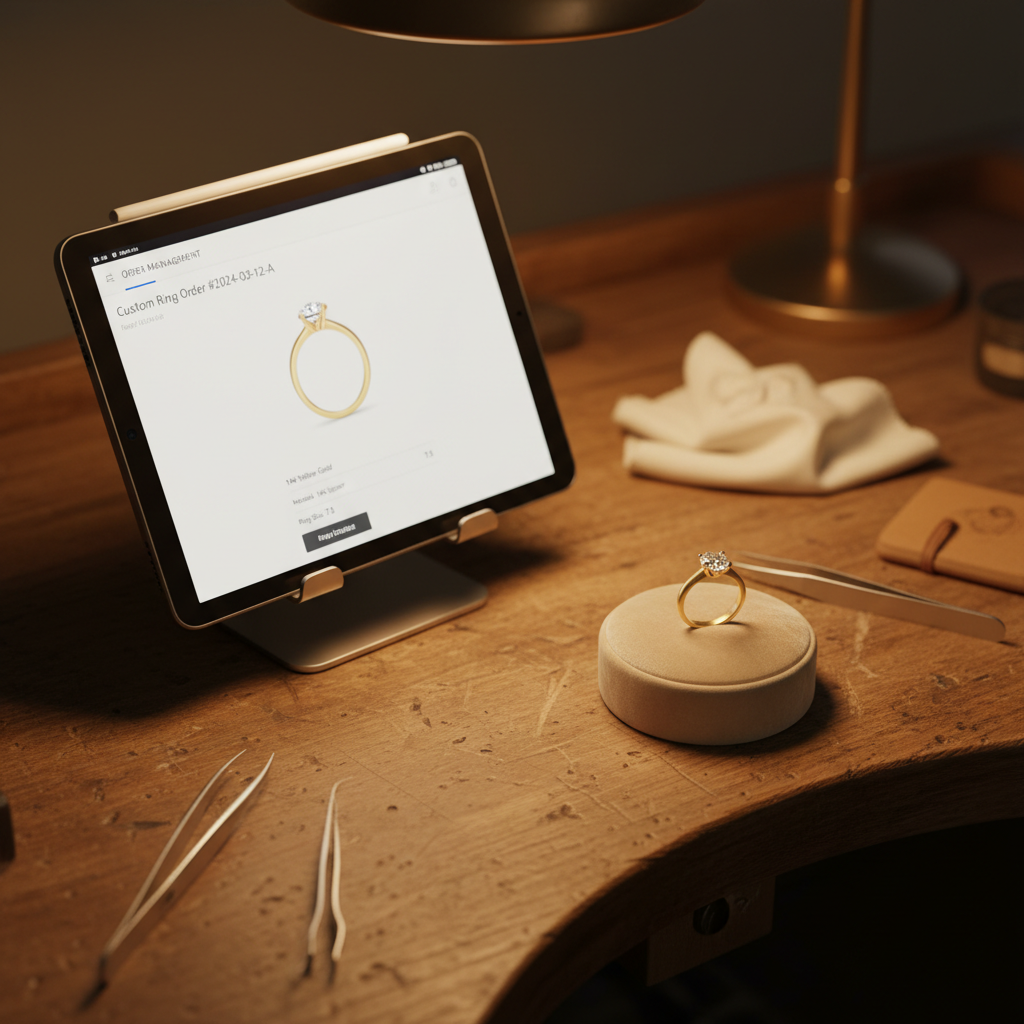 A jeweler reviewing a custom order on a dashboard tablet with a finished custom ring on the bench beside it