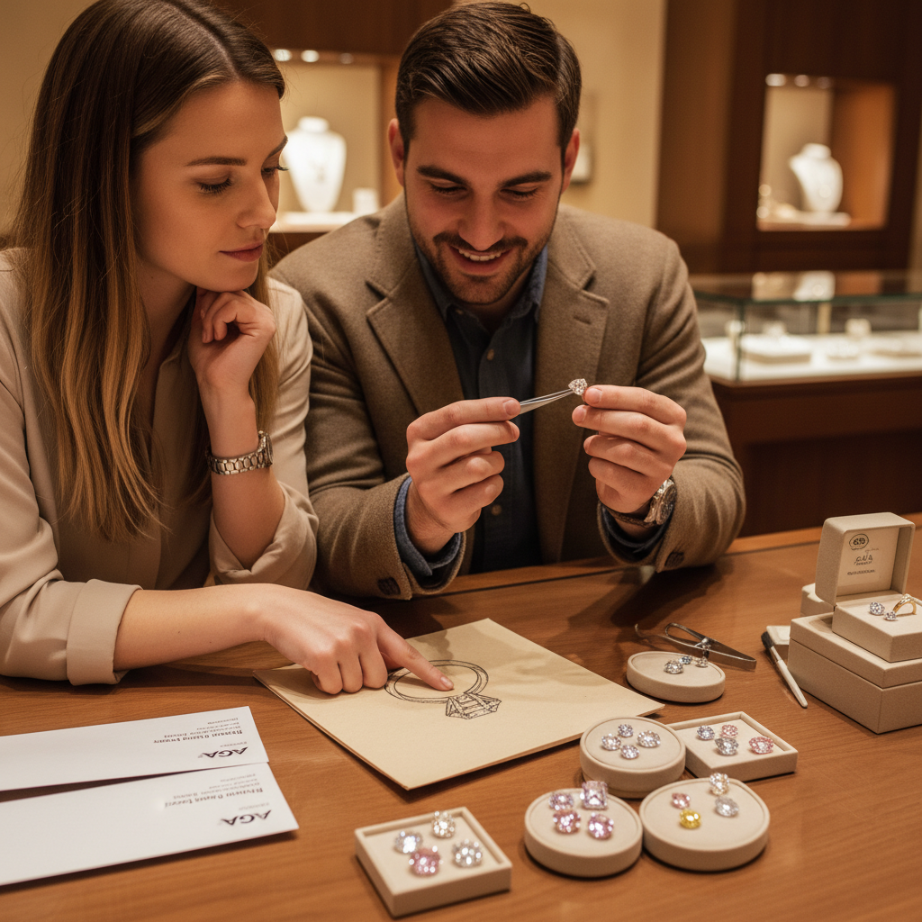 A couple reviewing custom engagement ring options at a jewelry store counter with sketches and stone samples