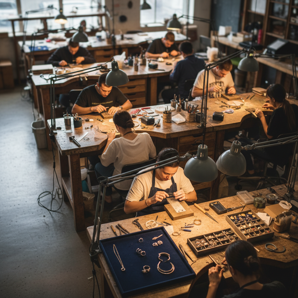 An aerial view of a jewelry workshop with artisans at multiple benches working on custom pieces under warm light