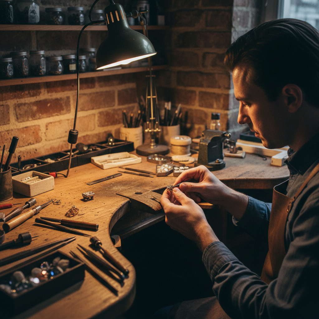 An experienced bench jeweler training a young apprentice at a shared workbench in a traditional workshop