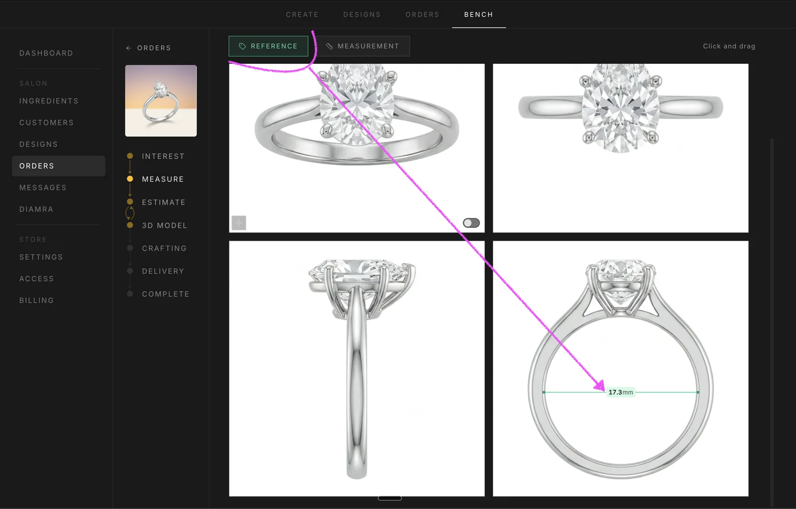 A green reference line drawn across the outer edge of the piece with its real value entered in millimeters