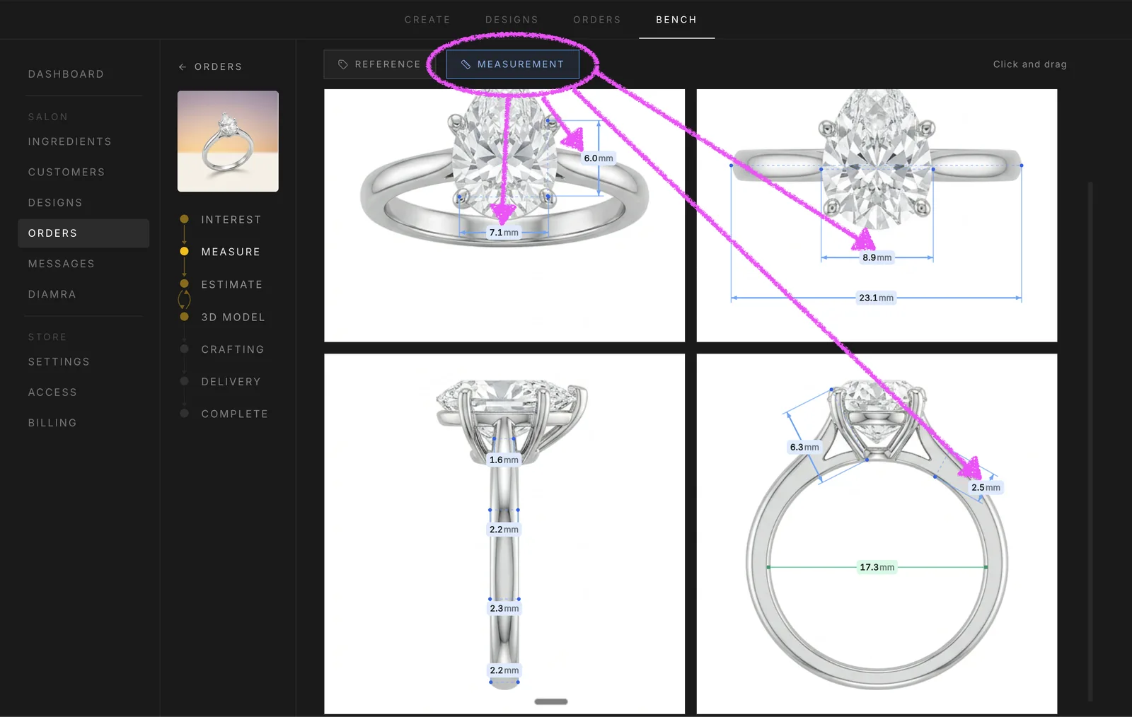 Several blue measurement lines drawn on a projection with live millimeter values next to each line