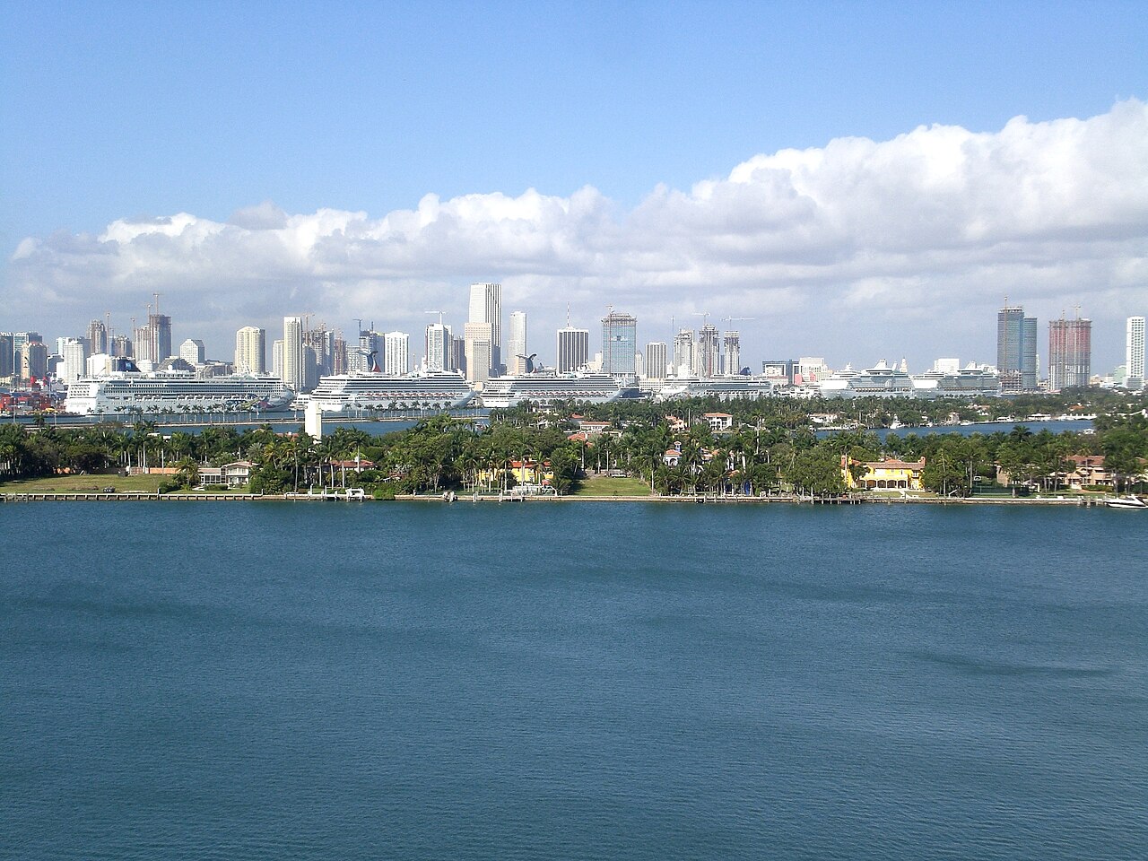 Downtown Miami skyline seen across Biscayne Bay from Miami Beach